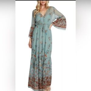 Anthropologie Willow & Clay Dress S Blue Boho Floral Printed Chiffon Julia Maxi